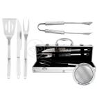 Kit Churrasco 4 Peças Espátula, Faca, Garfo, Pegador em Aço Inox com Maleta em Alumínio - DRAIK