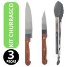 Kit Churrasco Facas De Corte Faca Grande Pegador De Carne Faca Pequena Desossa Aço Inox Cabo Madeira 3 Peças