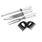 kit Churrasqueiro Profissional 4Pçs Faca Garfo Chaira Aço Inox e Garras Desfiadora Churrasco Gourmet