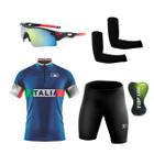 Kit Ciclismo Camisa C/ Proteção UV e Bermuda em Gel + Óculos Esportivo + Manguitos