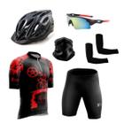 Kit Ciclismo Camisa e Bermuda C/ Forro Gel + Par de Manguitos + Bandana Esportiva