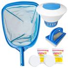 Kit Clorador Flutuante + 2 Pastilhas de Cloro 3 em 1 + Peneira + Esponja para Limpeza Piscina