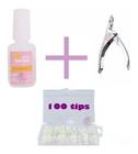 Kit Cola Unhas Postiças Alicate 100 Unhas Tips Acrigel Gel