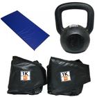 Kit Colchonete Azul + Par de Caneleira 1Kg + kettlebell Pintado 14kg