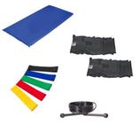 Kit Colchonete Azul + Par de Caneleira 2kgs + 5 Mini Band Elástico para Exercícios + Corda de Pular Ajustável - 1 Fit