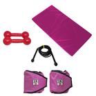 Kit Colchonete Rosa + Par de Caneleira Tornozeleira De Peso 3kgs Rosa + Par de Halter Emborrachado 3Kg Rosa + Corda - 1 Fit