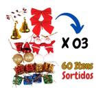 Kit Com 03 Enfeites De Natal Laço Papai Noel Total 60 Itens