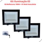 Kit com 03 refletores led holofote 100w + 01-relé fotocélula acende a noite e apaga de dia