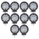 Kit com 10 Farois de Milha LED Branco 9 Leds Redondo Universal - 27W 6000K 12/24V Bivolt 9-60V