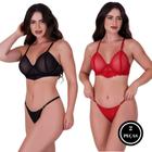 Kit Com 2 Conjuntos De Lingerie De Tule Com Regulagem - KIT 2 CONJUNTOS LARISSA PRETO.VERMELHO