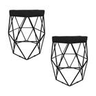 Kit Com 2 Puffs Decorativo Hexagonal Aramado Preto Suede Preto