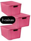 Kit Com 3 Caixas Organizadoras Cesto Rattan Baby Rosa 7 Litros C/ Tampa Empilhável Roupa Brinquedo Dentista