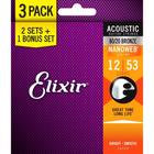 Kit com 3 Encordoamentos Elixir 012 Light Bronze para Violão Aço