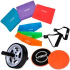 Kit com 3 Faixas Elasticas + 3 Mini Bands + Roda Abdominal + Disco Deslizante Liveup Sports