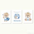 Kit com 3 Quadros Decorativos Ursinho Príncipe Azul Claro