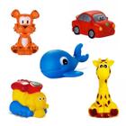 Kit Com 5 Brinquedos De Vinil Para Bebê Maralex - Carro, Trem, Girafa, Tigre e Baleia