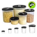 Kit Com 5 Potes de Rosca Porta Mantimentos Jogo de Potes Plástico Grande Conjunto de Potes Para Armazenar Alimentos Com Tampa Preta Uninjet