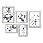 Kit Com 5 Quadros Decorativos - Abstratos - Geométricos - Love - Quarto - Sala - 338kq01b