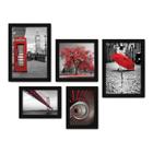 Kit Com 5 Quadros Decorativos - Árvore - Cidade - Preto e Branco com Vermelho - Sala - 293kq01p