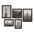 Kit Com 5 Quadros Decorativos - Estados Unidos - Pontos Turísticos - Nova Iorque São Francisco Estátua Canyon - Preto e Branco - 272kq01p