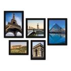 Kit Com 5 Quadros Decorativos - França - Cidades - Torre Eiffel Arco do Triunfo Louvre - Pontos Turísticos - 277kq01p