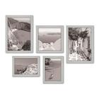 Kit Com 5 Quadros Decorativos - Grécia - Mykonos - Santorini - Mar - Viagem - Preto e Branco - 353kq01b