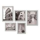 Kit Com 5 Quadros Decorativos - Itália - Cidades - Pontos Turísticos - Roma Nápoles Pisa Veneza Florença - Preto e Branco - 276kq01b