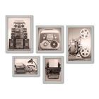 Kit Com 5 Quadros Decorativos - Máquina de Escrever - Rádio - Projetor - Vintage - 173kq01b