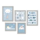 Kit Com 5 Quadros Decorativos - Ursinhos - Infantil - Balões - Nuvens - Alfabeto - Azul - 413kq01b