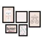 Kit Com 5 Quadros Decorativos - Ursinhos - Princesa - Chevron - Rosa - Infantil - 415kq01p