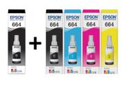 Kit com 5 refil epson 664 original (2 pretos e 1 de cada colorido) 70ml cada