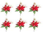 Kit Com 6 Flores De Natal Vermelha Glitter Pinha Maça Dourado Luxo