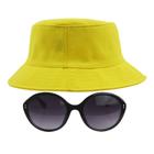 Kit Com Chapéu Bucket Hat, Óculos Redondo De Sol Feminino Adulto Com Proteção UV 400 Estiloso Sol Meia Estação - MD-27