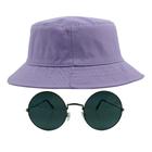 Kit Com Chapéu Bucket, Óculos de Sol Redondo Com Armação De Metal Grande Cores Com Proteção Uv400 Retro Moda Rock MD-30