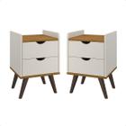 Kit Com Duas Mesas De Cabeceira Retrô Quarto 2 Gavetas Com Corrediças Telescópicas Luma Off White Com Freijó GB Plus