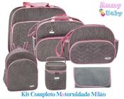 Kit Completo Mala+ Bolsa G+Bolsa P+ Mochila P+Porta mamadeira e Trocador Maternidade Cinza/Rosa Luxo
