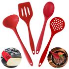 Kit Conjunto 04 Peças de Talheres Silicone Vermelho Utensilio Para Cozinha