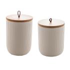 Kit Conjunto 2 Potes Potiche De Cerâmica Tampa Bambu Lines Branco