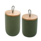 Kit Conjunto 2 Potes Potiche De Cerâmica Tampa Bambu Pequeno e Grande Lines Verde
