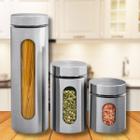 Kit Conjunto 3 Potes Com Tampa Rosca Para Mantimentos em Vidro E Aço Inox 635ml, 940ml e 1.750ml