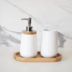 Kit Conjunto Banheiro Lavabo 3 Peças Com Bandeja Oval de Bambu Dispenser Sabonete Liquido Porta Escova Cerâmica