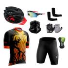 Kit Conjunto Ciclismo Camisa Bermuda Proteção UV + Capacete Ciclismo + Luvas + Óculos Esportivo + Manguito + Bandana