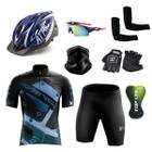 Kit Conjunto Ciclismo Camisa e Bermuda + Capacete de Ciclismo C/ Luz LED + Luvas de Ciclismo + Óculos Esportivo + Par de Manguitos + Bandana