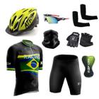 Kit Conjunto Ciclismo Camisa e Bermuda + Capacete de Ciclismo C/ Luz LED + Luvas de Ciclismo + Óculos Esportivo + Par de Manguitos + Bandana