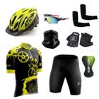 Kit Conjunto Ciclismo Camisa e Bermuda + Capacete de Ciclismo C/ Luz LED + Luvas de Ciclismo + Óculos Esportivo + Par de Manguitos + Bandana - XFreedom