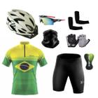 Kit Conjunto Ciclismo Camisa e Bermuda Proteção UV + Capacete Ciclismo + Luvas + Óculos Esportivo + Manguito + Bandana