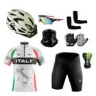 Kit Conjunto Ciclismo Camisa e Bermuda Proteção UV + Capacete Ciclismo + Luvas + Óculos Esportivo + Manguito + Bandana