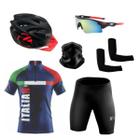 Kit Conjunto Ciclismo Camisa e Bermuda Proteção UV + Capacete Ciclismo + Óculos Esportivo + Manguito + Bandana