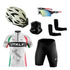 Kit Conjunto Ciclismo Camisa e Bermuda Proteção UV + Capacete Ciclismo + Óculos Esportivo + Manguito + Bandana