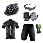 Kit Conjunto Ciclismo Camisa Proteção UV e Bermuda + Capacete Ciclismo +Luvas Ciclismo + Óculos